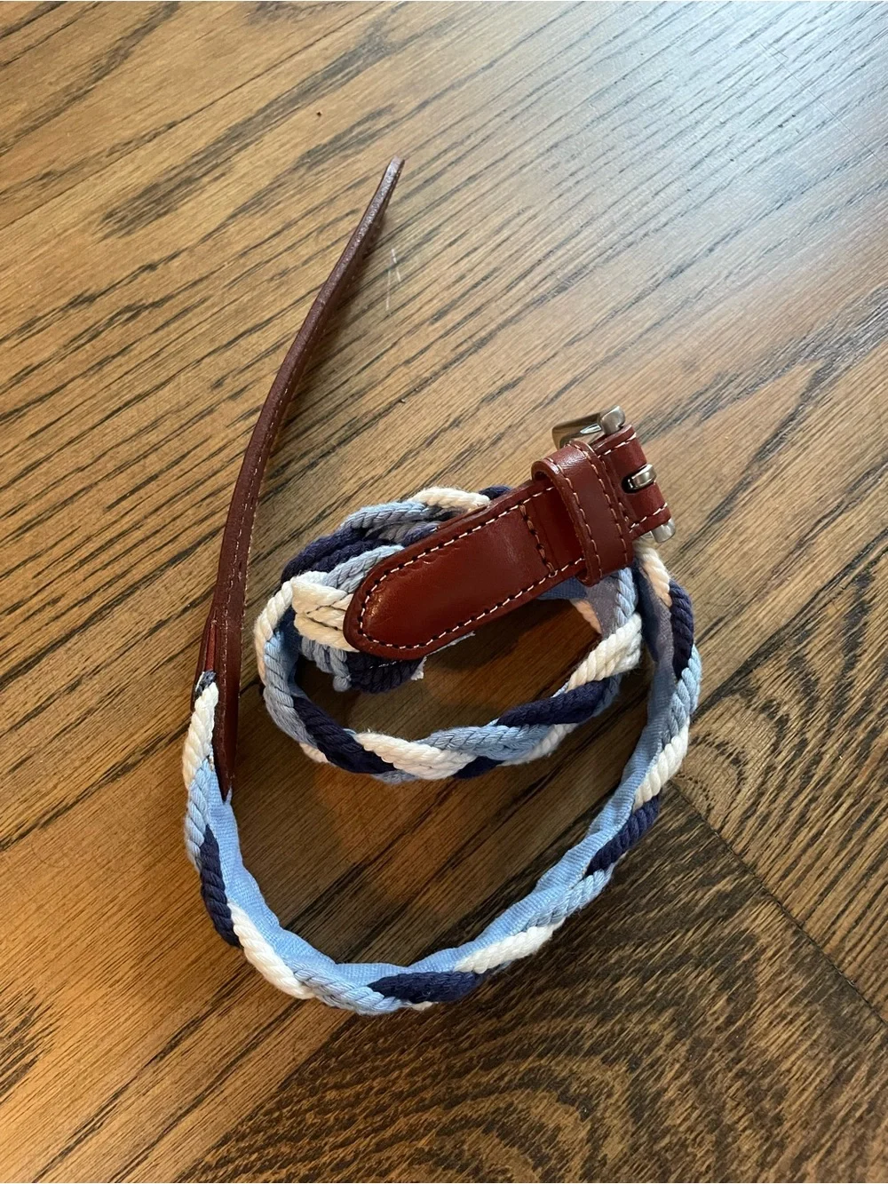 Vineyard Vines - Braided Navy and Light Blue Kid’s  Belt with Brown Leather Trim